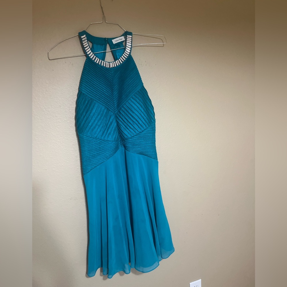 Calvin Klein Teal Halter Evening Gown with Jeweled Collar